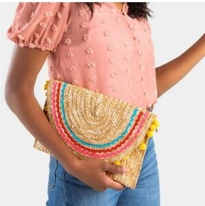 Shiraleah Chicago Straw Ric Rac Pom Pom Clutch NWT Purse  Woven Straw Clutch